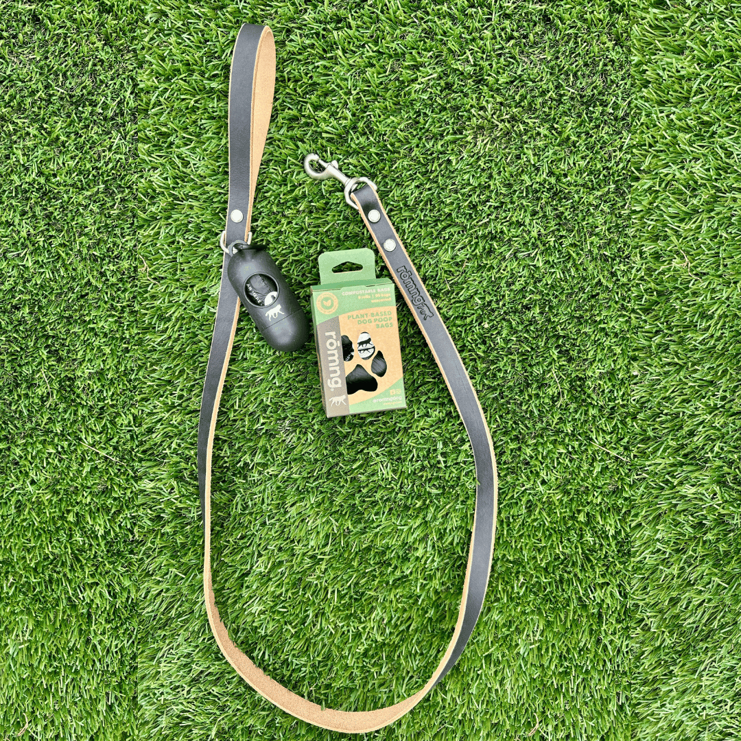 Premium Leather Leash & 90 Compostable Poop Bags with Bamboo Dispenser Walk Set