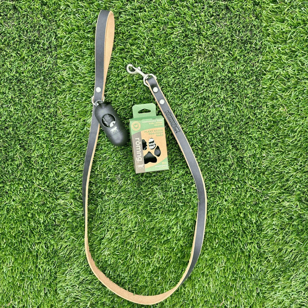 leather leash & compostable poop bag walk set – eco-friendly & durable | rōmng