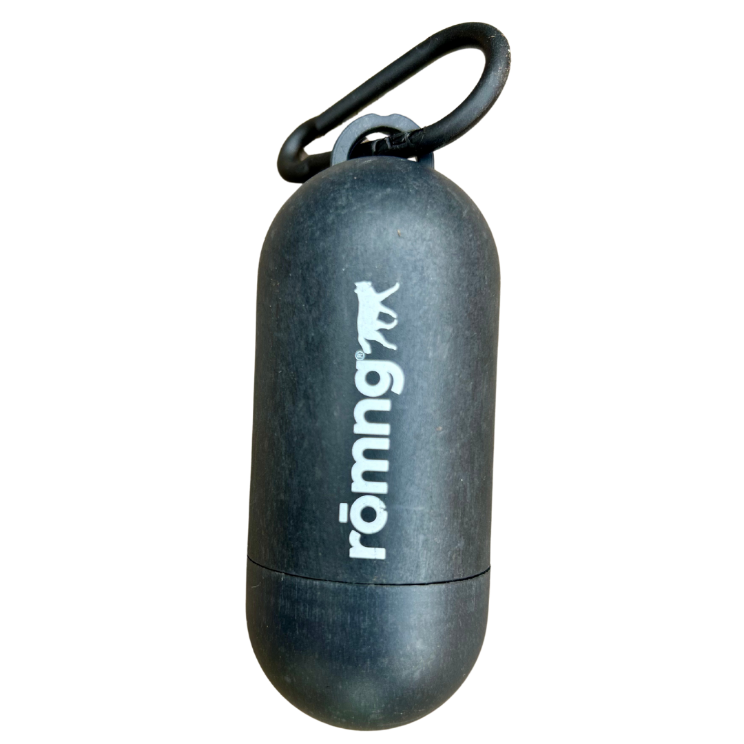 back of black bamboo pill dispenser for romng poop bags