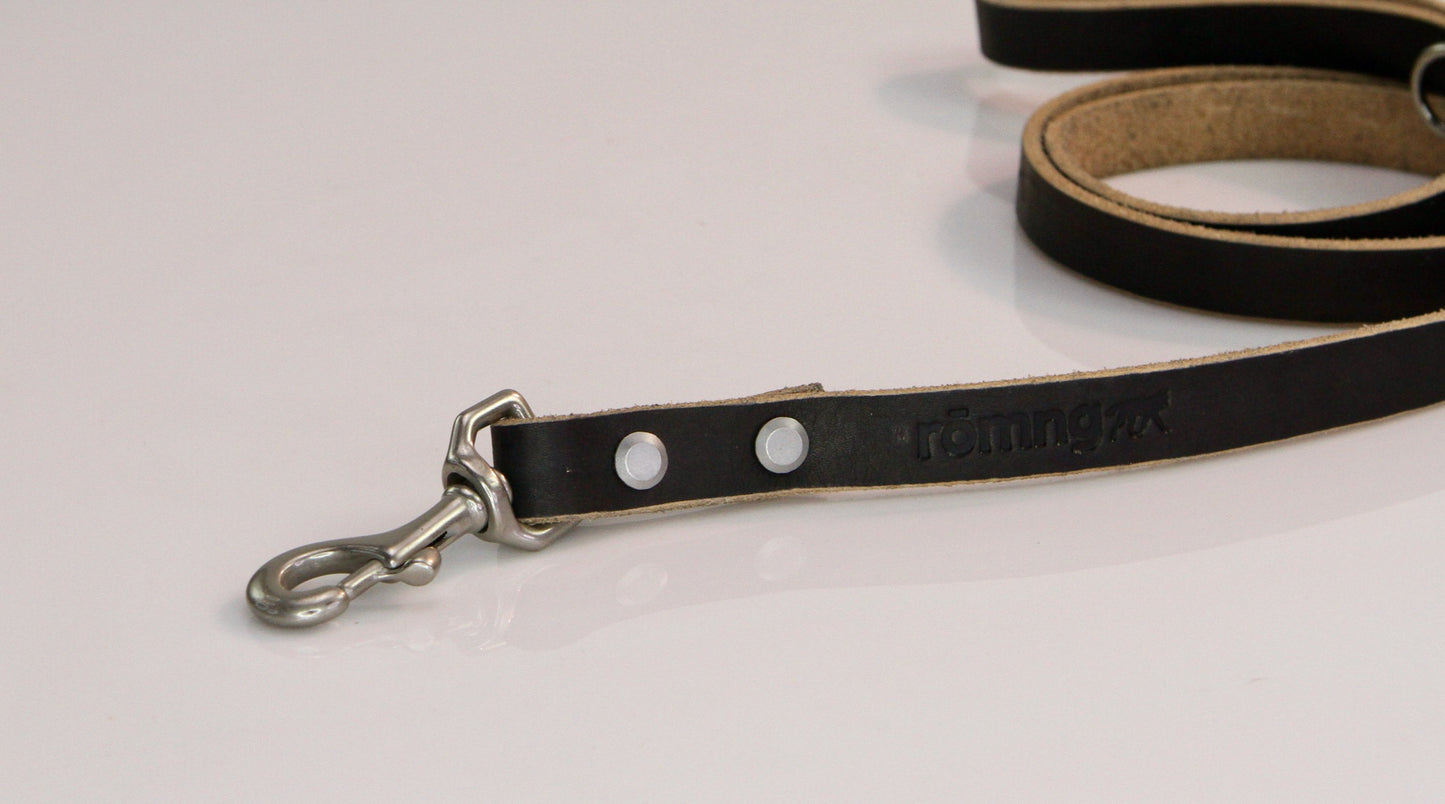 romng black genuine leather dog leash solid nickel plated brass hook