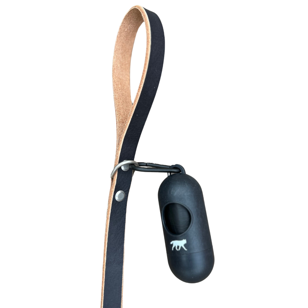 black romng bamboo pill dispenser for pet waste bags on black leather leash
