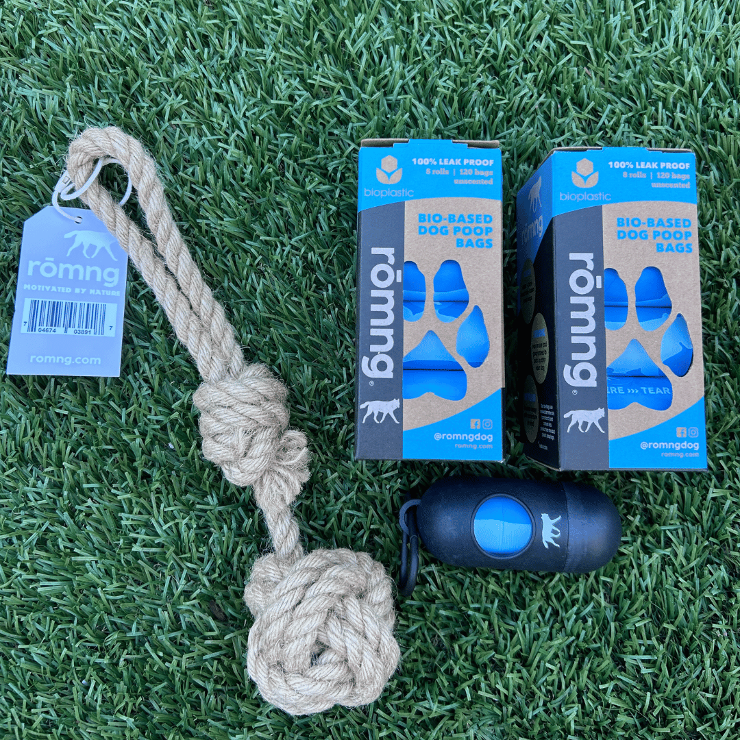 Bio-Based Poop Bag Bundle with Bamboo Dispenser + Hemp Rope Tug Toy | rōmng