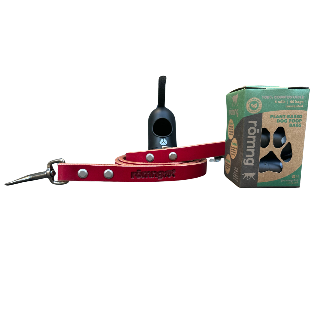 genuine leather leashes with 90 compostable bags and bag dispenser - rōmng