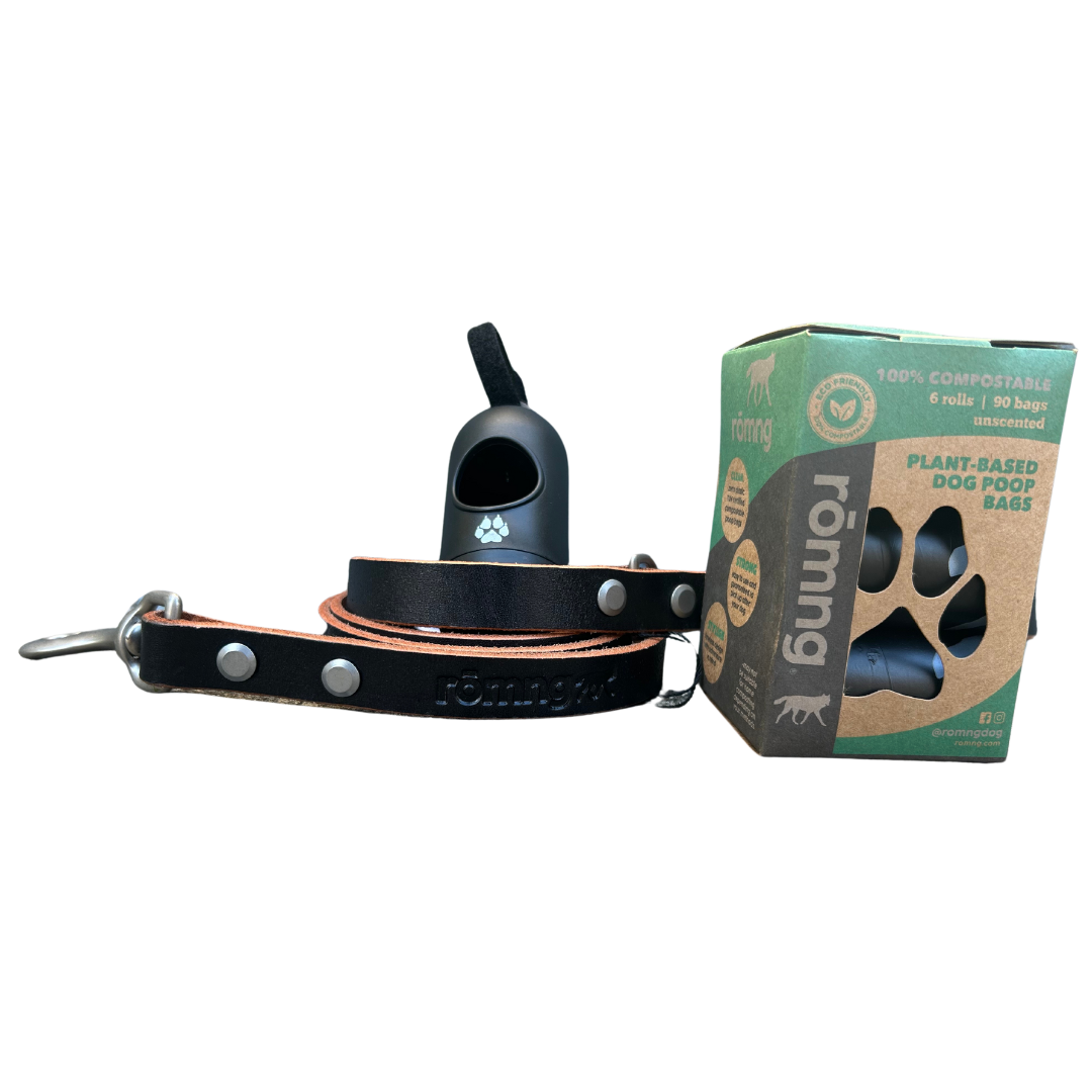 genuine leather leashes with 90 compostable bags and bag dispenser - rōmng