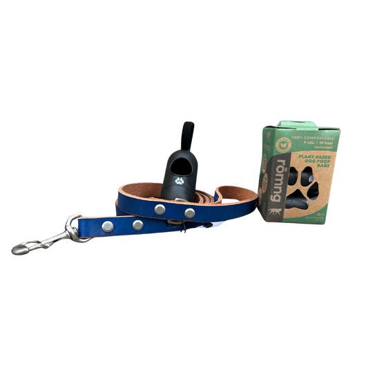genuine leather leashes with 90 compostable bags and bag dispenser - rōmng