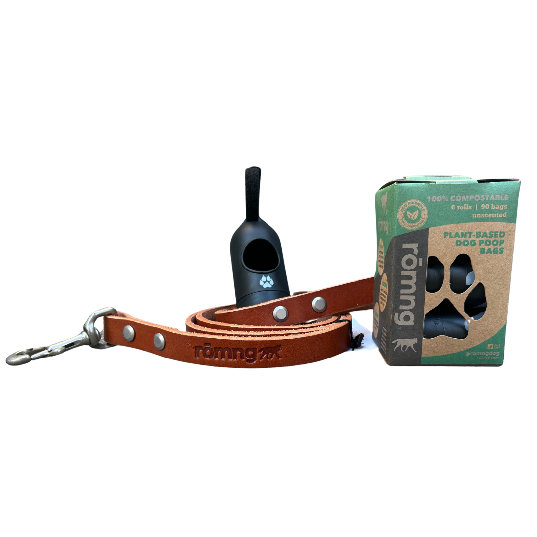 genuine leather leashes with 90 compostable bags and bag dispenser - rōmng