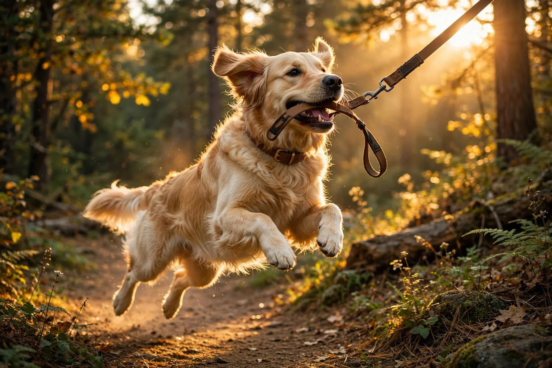 Golden retriever jumps joyfully on a forest trail, holding a leash in its mouth.