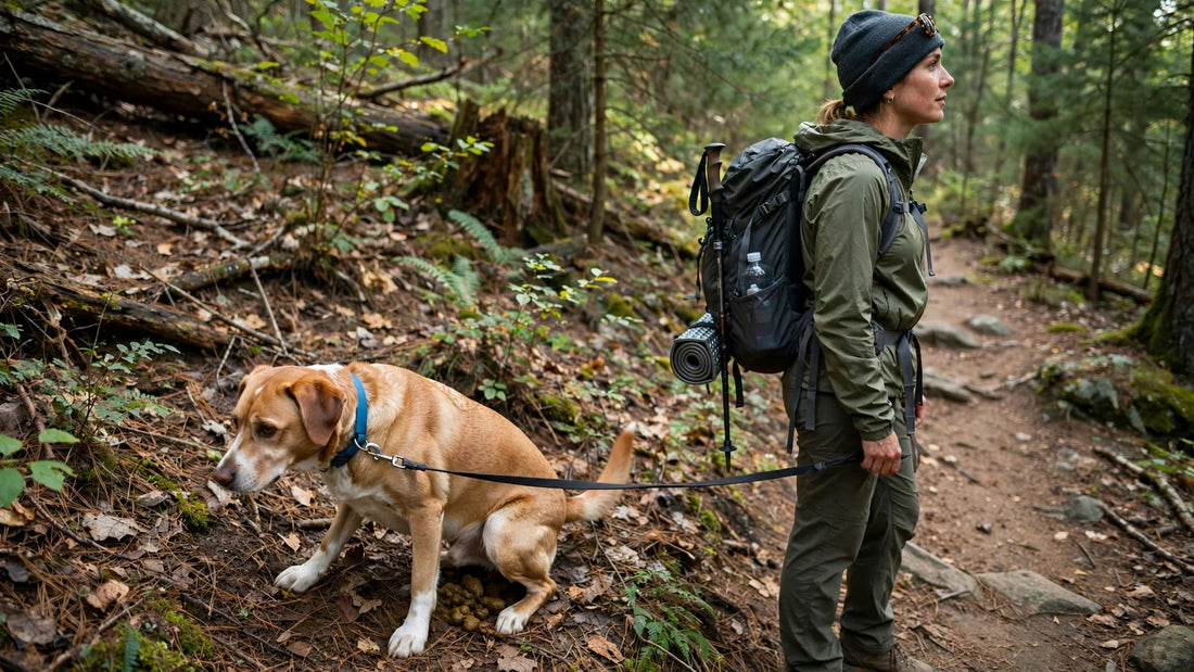 Golden retriever jumps joyfully on a forest trail, holding a leash in its mouth.