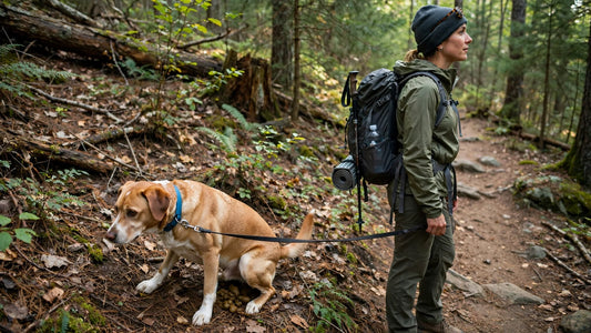 Golden retriever jumps joyfully on a forest trail, holding a leash in its mouth.