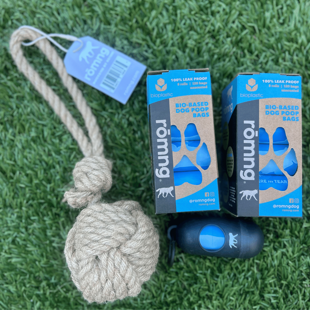 Bio-Based Poop Bag Bundle with Bamboo Dispenser + Hemp Rope Tug Toy | rōmng