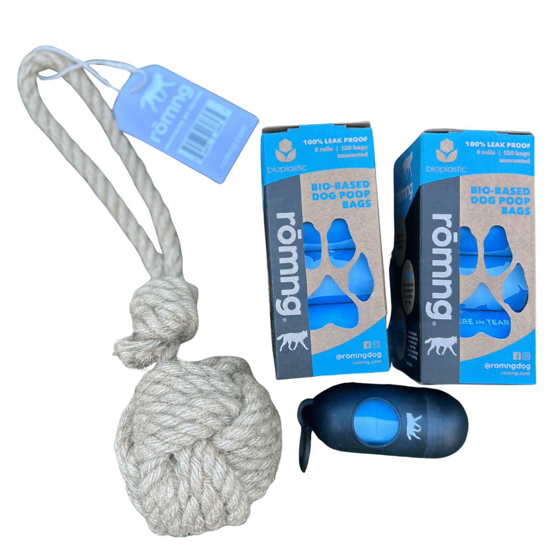Bio-Based Poop Bag Bundle with Bamboo Dispenser + Hemp Rope Tug Toy | rōmng