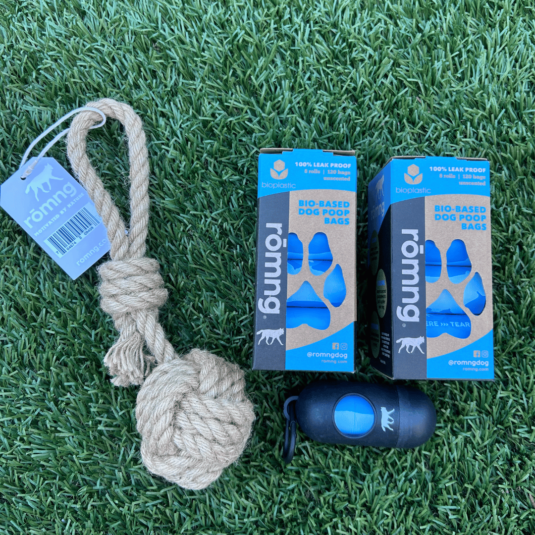 Bio-Based Poop Bag Bundle with Bamboo Dispenser + Hemp Rope Tug Toy | rōmng