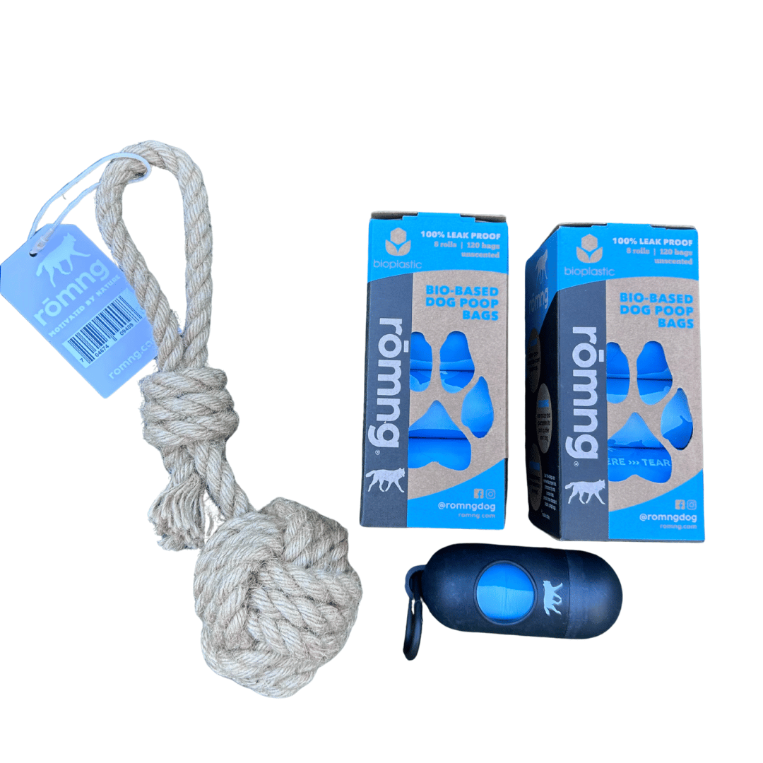 Bio-Based Poop Bag Bundle with Bamboo Dispenser + Hemp Rope Tug Toy | rōmng
