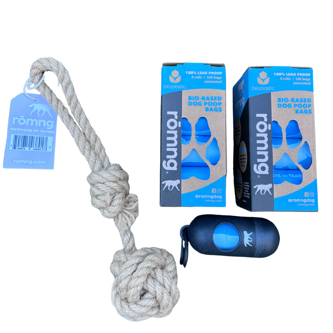 Bio-Based Poop Bag Bundle with Bamboo Dispenser + Hemp Rope Tug Toy | rōmng