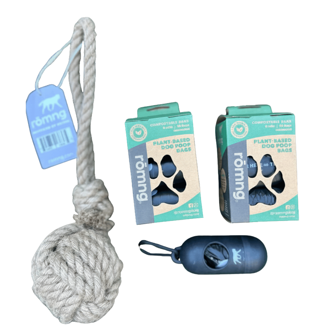 Compostable Poop Bags + Bamboo Dispenser + Hemp Rope Tug Toy Bundle (195 Bags)