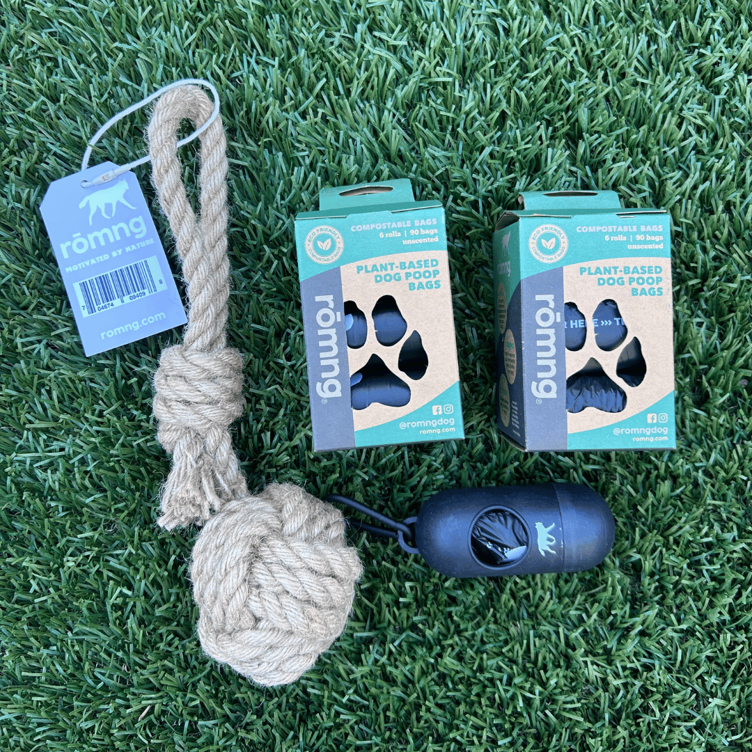 Compostable Poop Bags + Bamboo Dispenser + Hemp Rope Tug Toy Bundle (195 Bags)