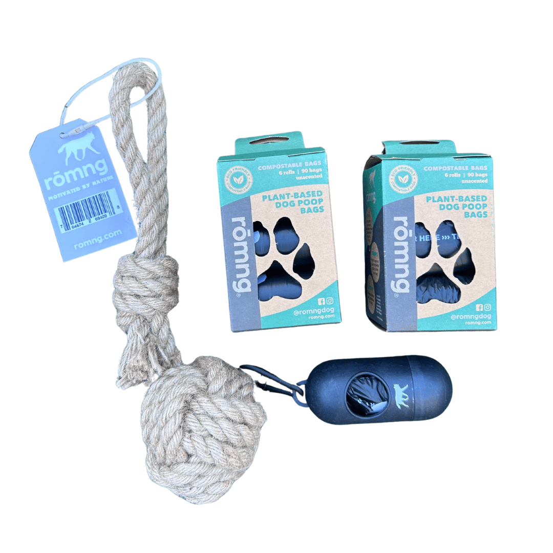 Compostable Poop Bags + Bamboo Dispenser + Hemp Rope Tug Toy Bundle (195 Bags)