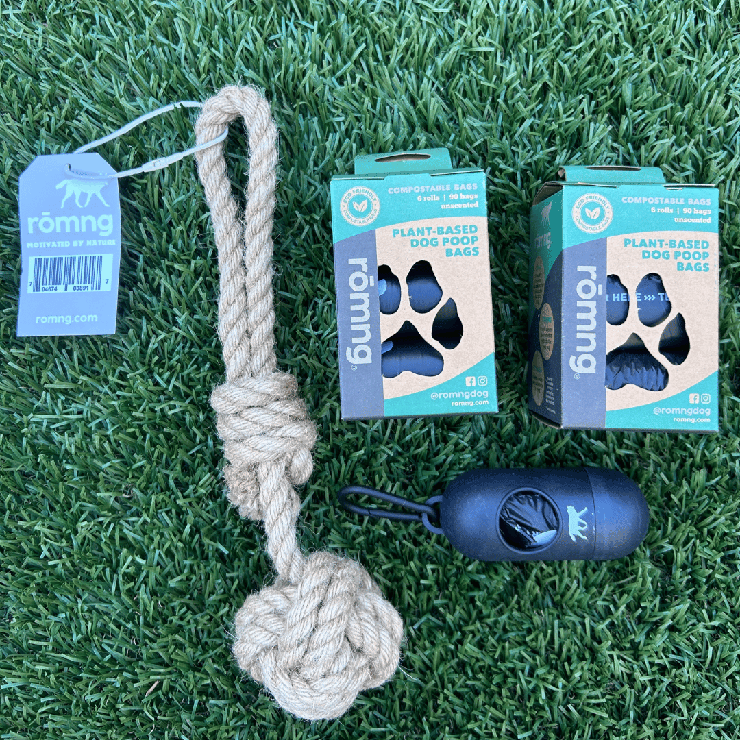 Compostable Poop Bags + Bamboo Dispenser + Hemp Rope Tug Toy Bundle (195 Bags)