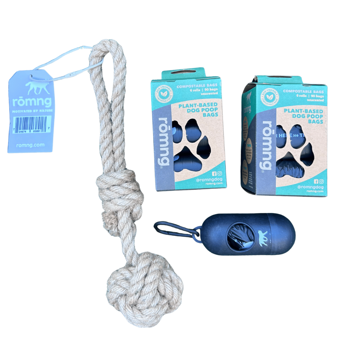 Compostable Poop Bags + Bamboo Dispenser + Hemp Rope Tug Toy Bundle (195 Bags)